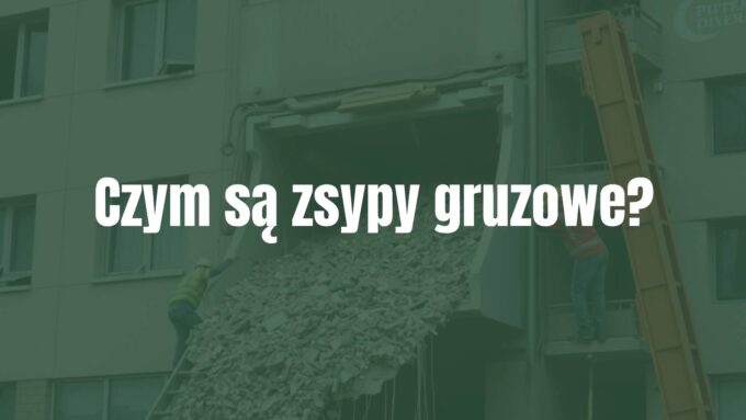 Construction site with a debris chute attached to a building facade, workers dumping rubble into the chute, realistic style.